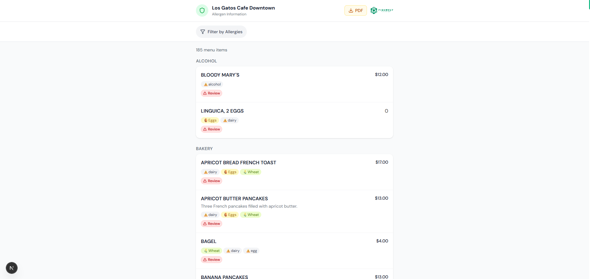 Menu with Allergen Tags